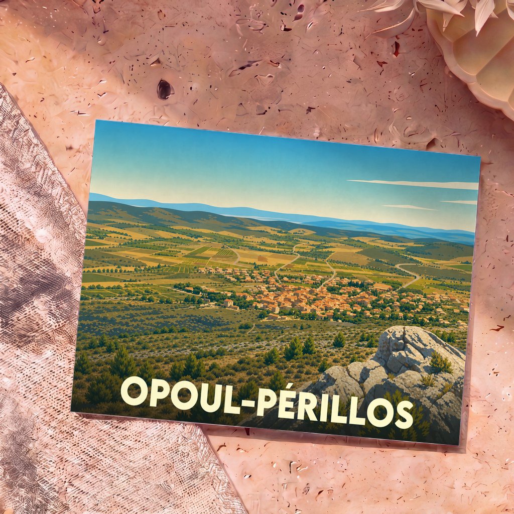 Carte postale souvenir de la ville d'Opoul-Périllos avec une illustration stylisée de son paysage vallonné.