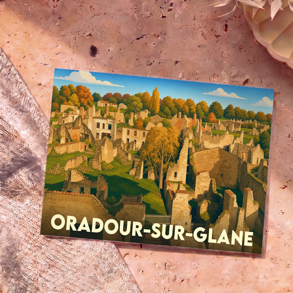 Carte postale souvenir de la ville de Oradour-sur-Glane représentant une illustration stylisée de ses ruines historiques.