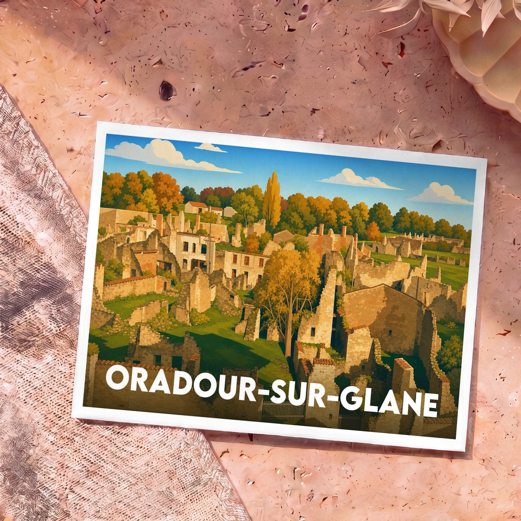 Carte postale souvenir de la ville de Oradour-sur-Glane représentant une illustration stylisée de ses ruines historiques.