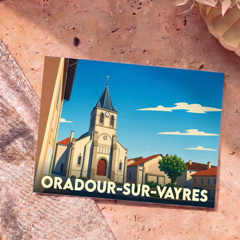 Carte postale souvenir de la ville d'Oradour-sur-Vayres illustrant son église sous un ciel bleu dégagé.