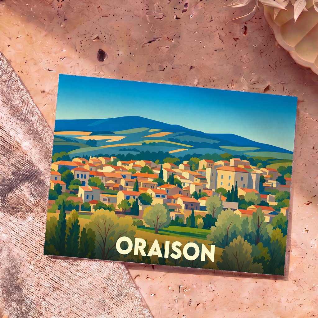 Carte postale souvenir de la ville d'Oraison arborant une illustration stylisée et colorée de ses paysages provençaux.