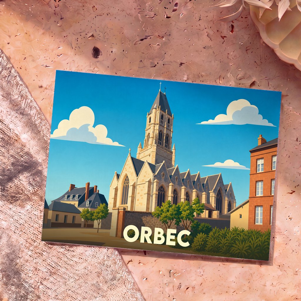Carte postale souvenir de la ville d'Orbec avec une illustration stylisée de son église et de ses bâtiments typiques.