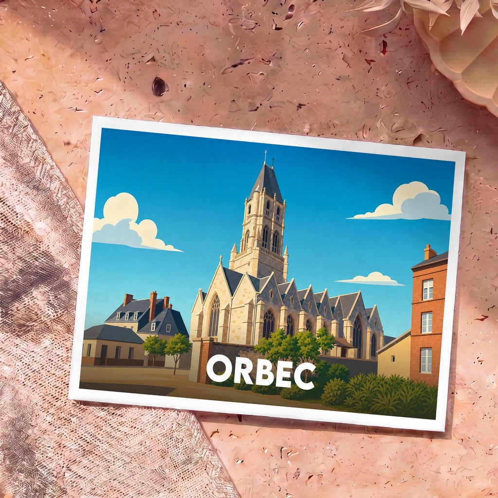 Carte postale souvenir de la ville d'Orbec avec une illustration stylisée de son église et de ses bâtiments typiques.
