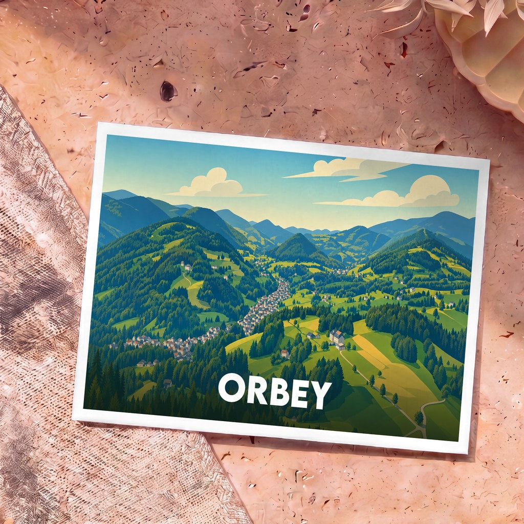 Carte postale souvenir de la ville d'Orbey avec une illustration stylisée de ses paysages montagneux et verdoyants.