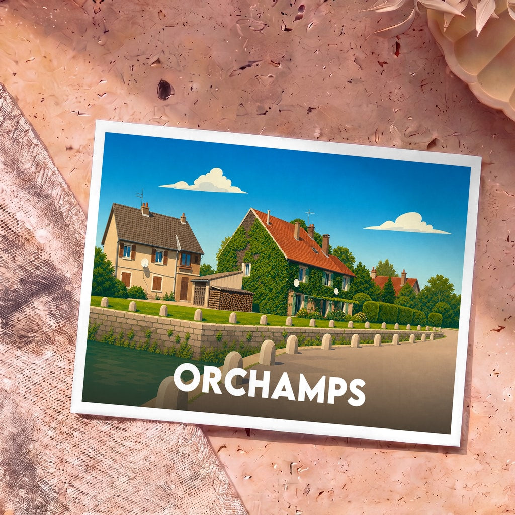 Carte postale souvenir de la ville d'Orchamps illustrant deux maisons de campagne au bord de l'eau dans un style coloré et épuré.