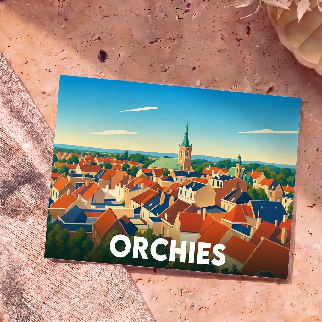 Carte postale souvenir de la ville d'Orchies avec une illustration stylisée de ses toits et de son clocher.