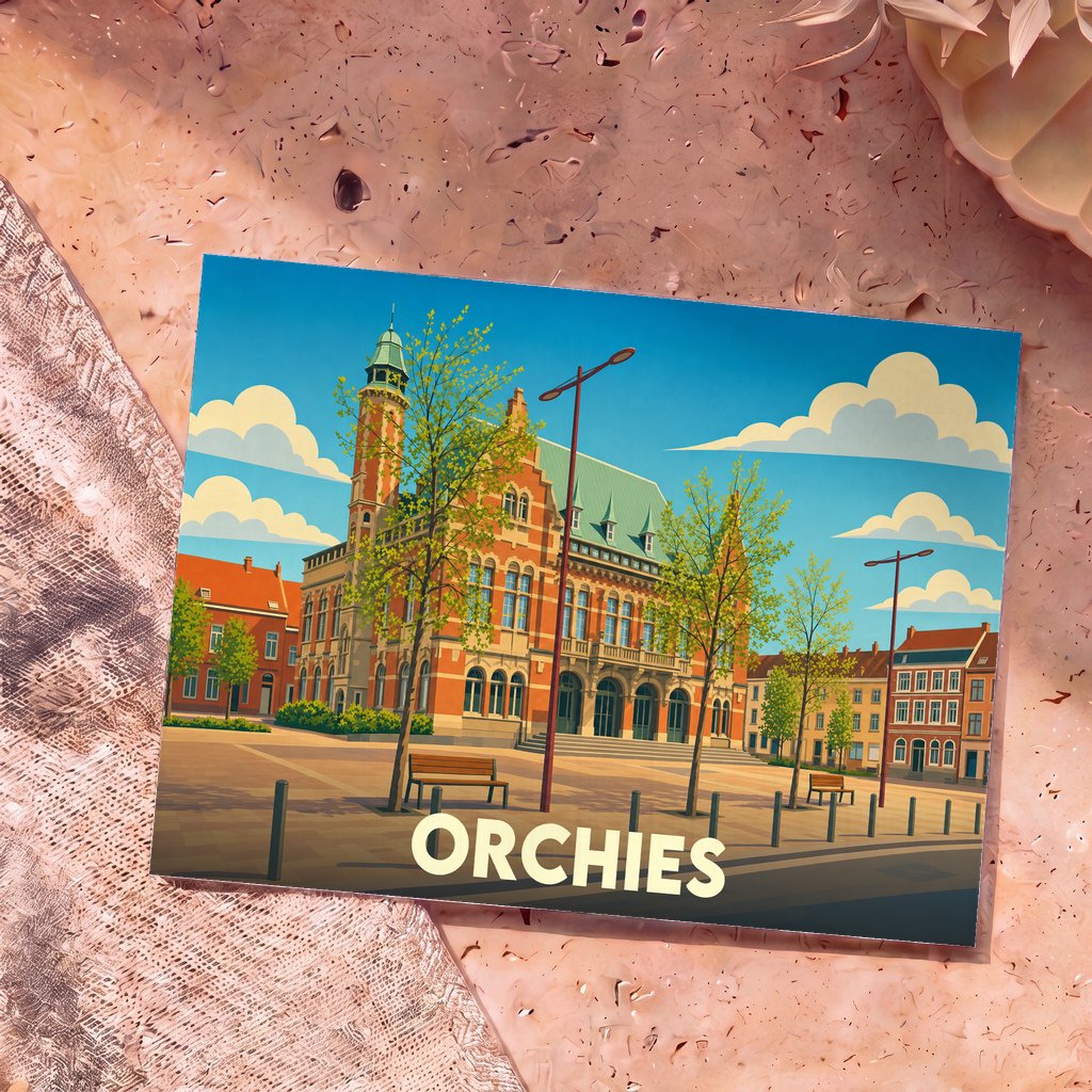 Carte postale souvenir de la ville d'Orchies présentant une illustration stylisée de son hôtel de ville.