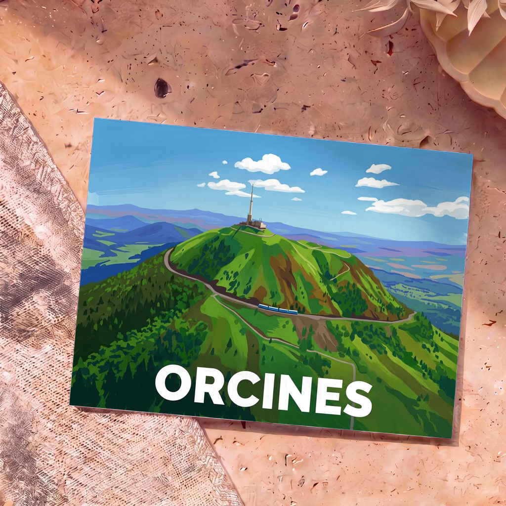 Carte postale souvenir de la ville d'Orcines illustrant le sommet du Puy de Dôme et son train panoramique dans un style épuré.