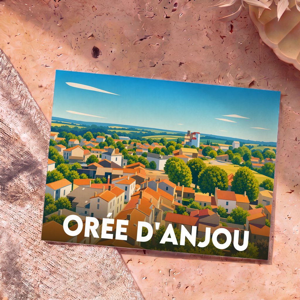 Carte postale souvenir de la ville d'Orée-d'Anjou avec une illustration stylisée d'un village ligérien.