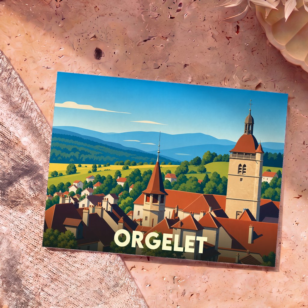 Carte postale souvenir de la ville d'Orgelet avec une illustration stylisée de son église et du paysage environnant.