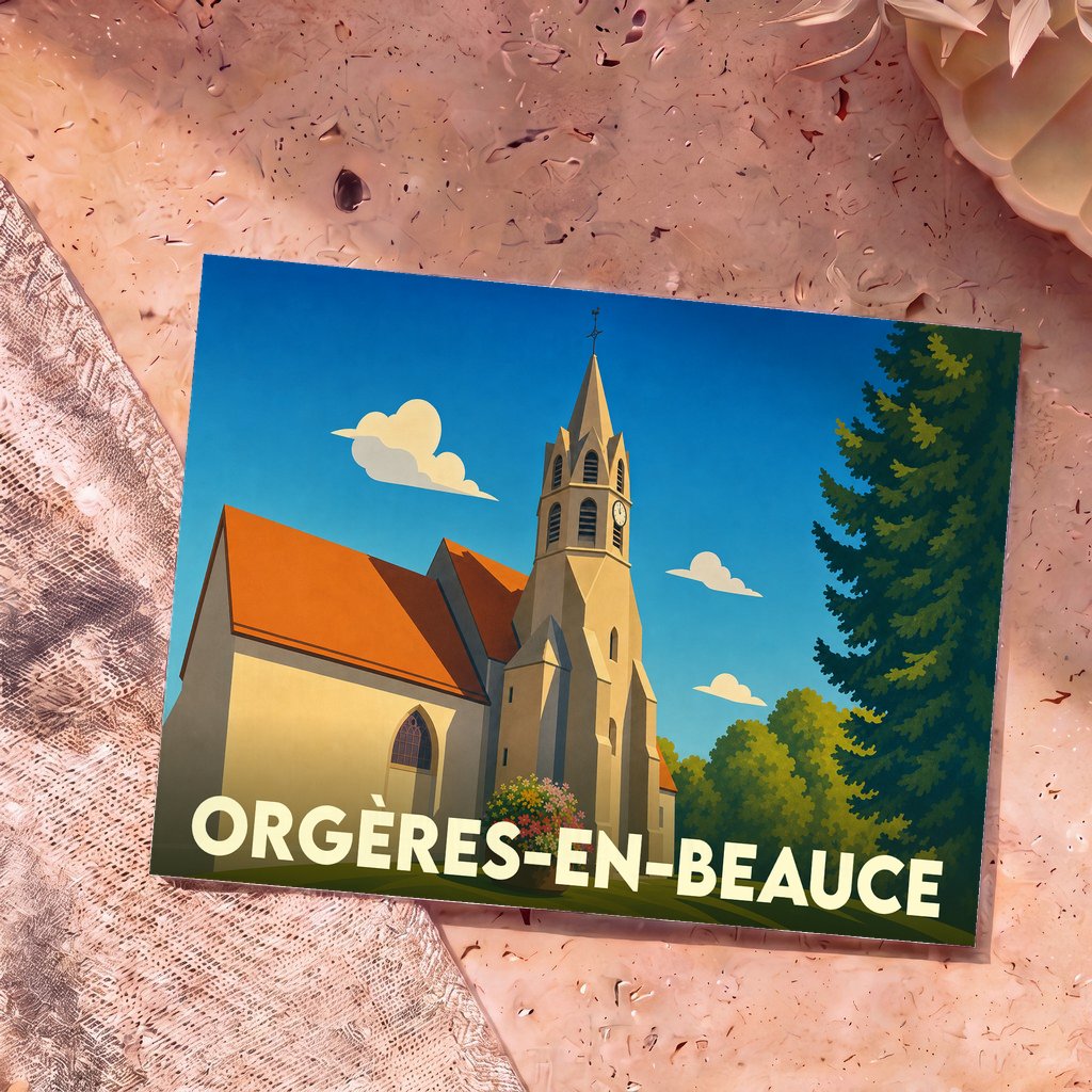 Carte postale souvenir de la ville d'Orgères-en-Beauce avec une illustration stylisée de son église.