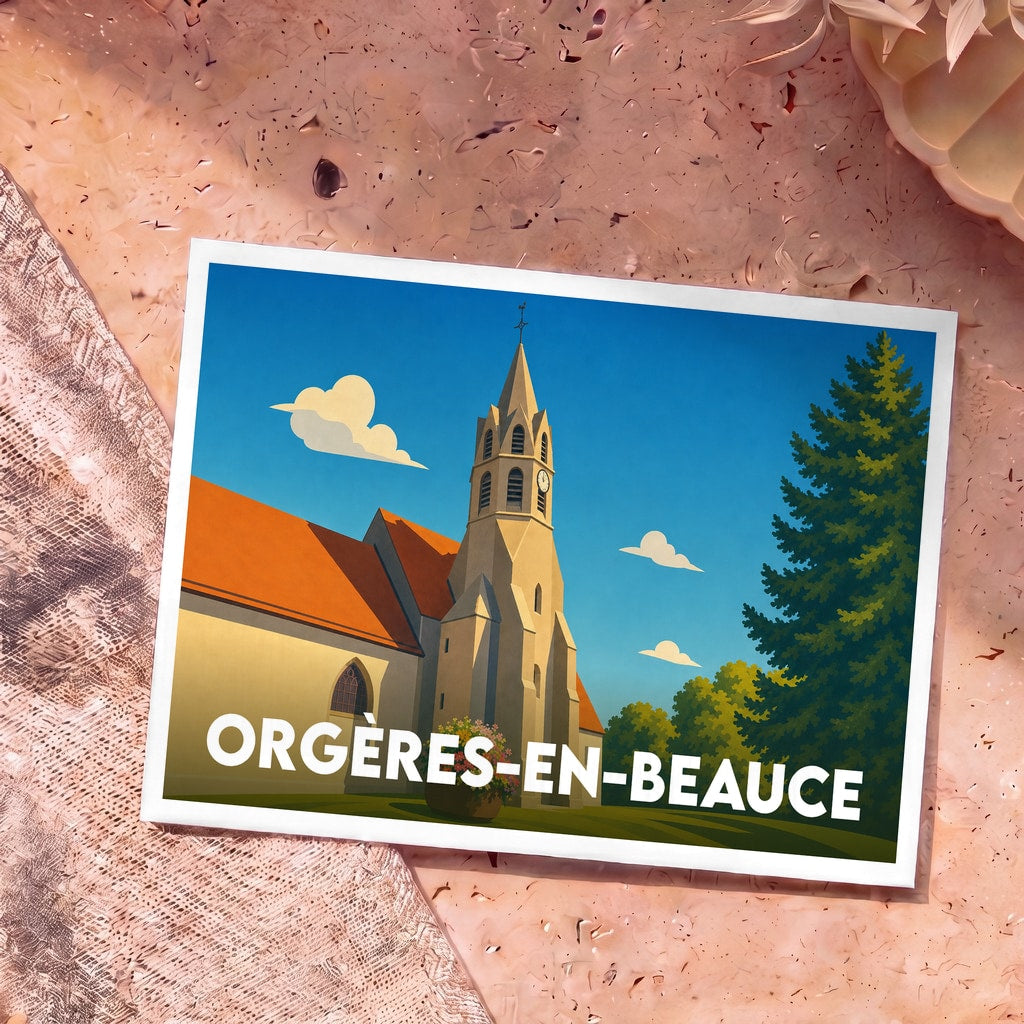 Carte postale souvenir de la ville d'Orgères-en-Beauce avec une illustration stylisée de son église.