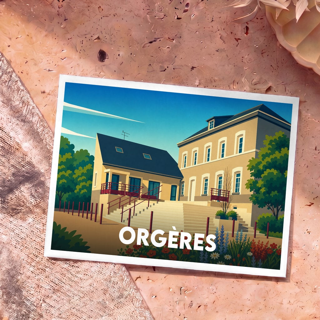 Carte postale souvenir de la ville d'Orgères avec une illustration stylisée d'un bâtiment communal.