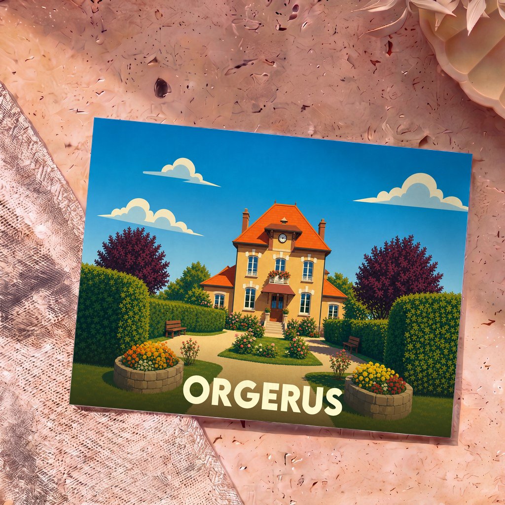 Carte postale souvenir de la ville d'Orgerus avec une illustration stylisée de sa mairie et de ses jardins.