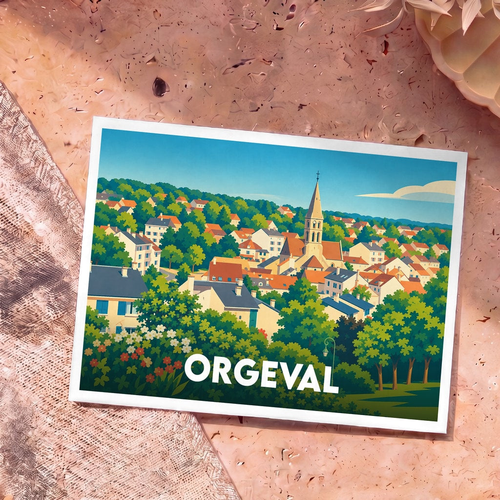 Carte postale souvenir de la ville d'Orgeval illustrée d'un paysage urbain coloré et stylisé.