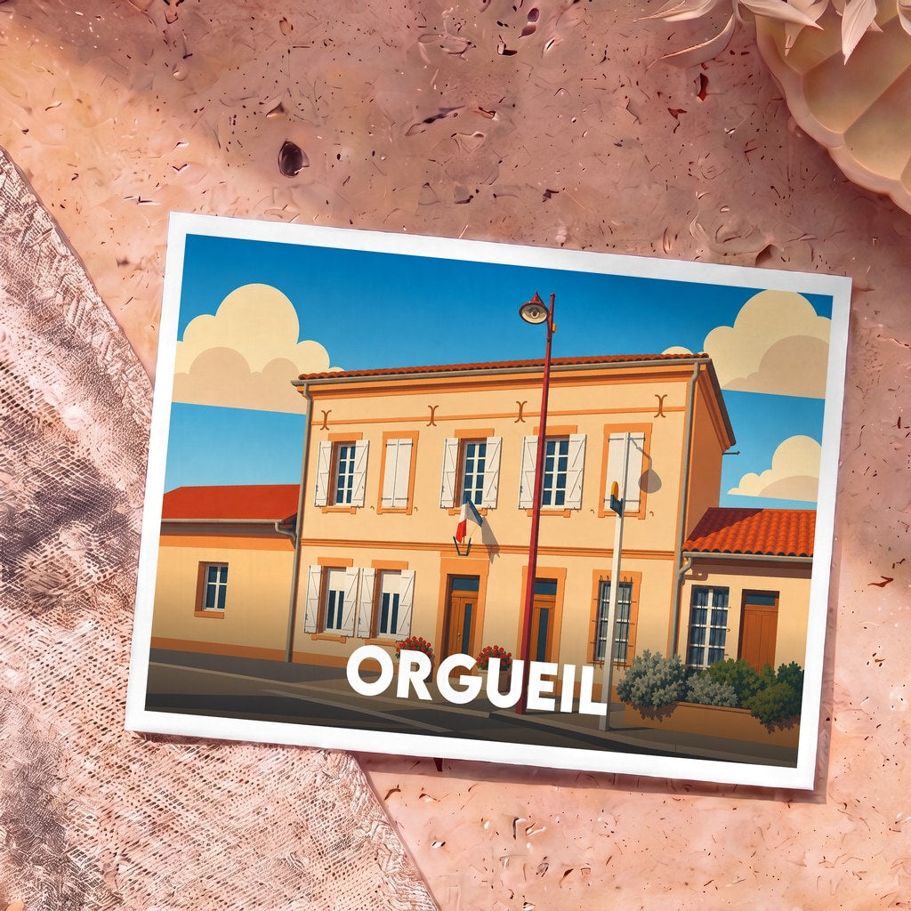 Carte postale souvenir de la ville d'Orgueil illustrant sa mairie dans un style graphique épuré.