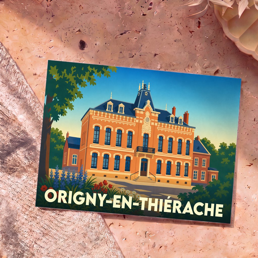 Carte postale souvenir de la ville d'Origny-en-Thiérache illustrant son hôtel de ville dans un style graphique et coloré.