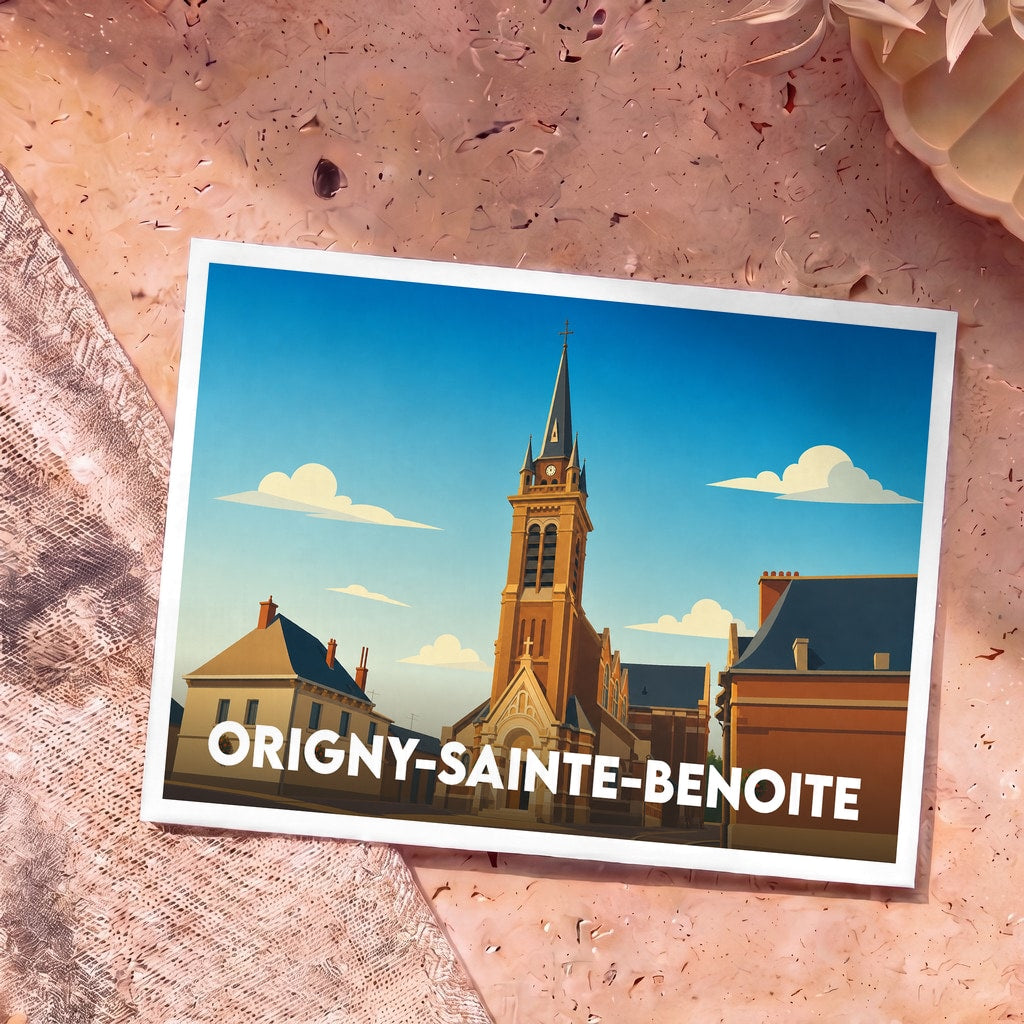 Carte postale souvenir de la ville d'Origny-Sainte-Benoite avec une illustration stylisée de son église.