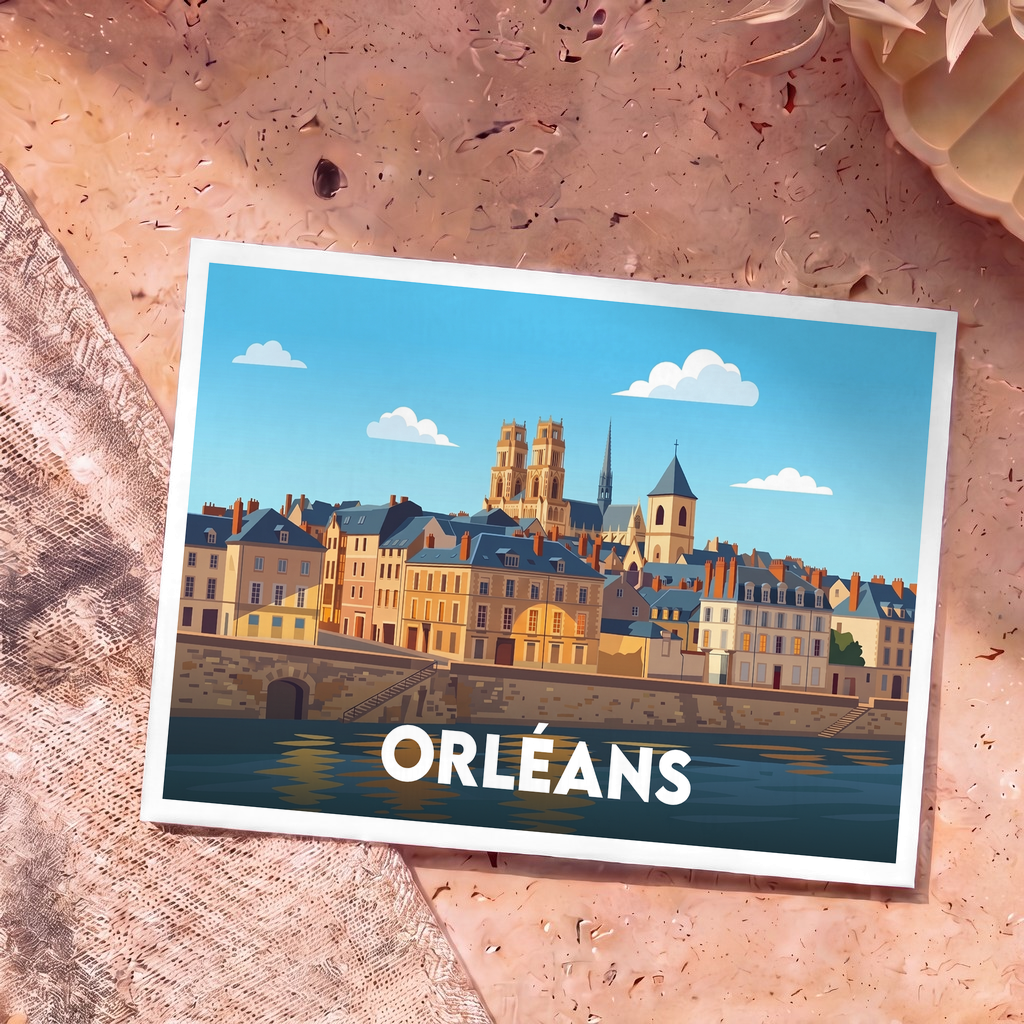 Carte postale souvenir de la ville d'Orléans avec une illustration stylisée de son front de Loire et de sa cathédrale.