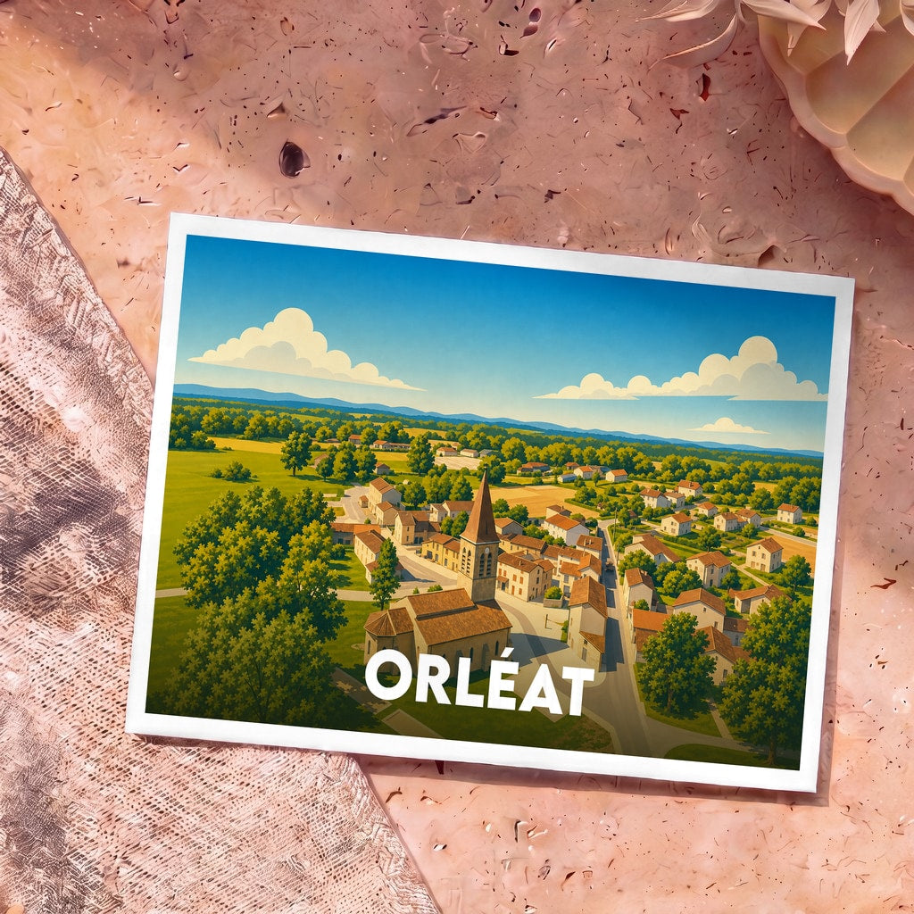 Carte postale souvenir de la ville d'Orléat avec une illustration stylisée d'un village pittoresque et de son église.