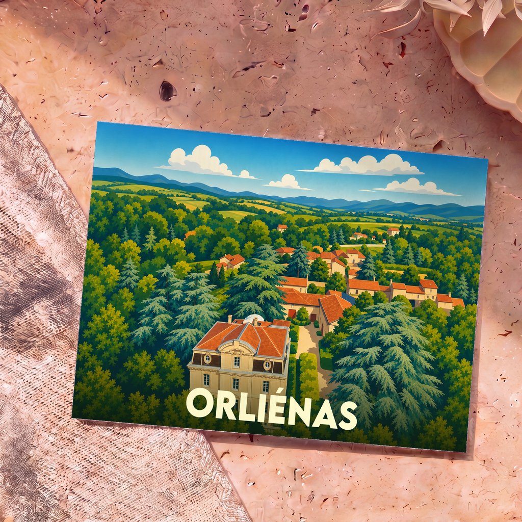 Carte postale souvenir de la ville d'Orliénas avec une illustration stylisée de ses paysages et de son architecture.
