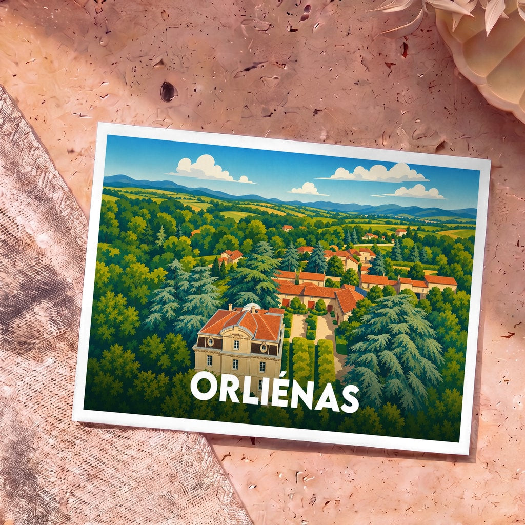 Carte postale souvenir de la ville d'Orliénas avec une illustration stylisée de ses paysages et de son architecture.
