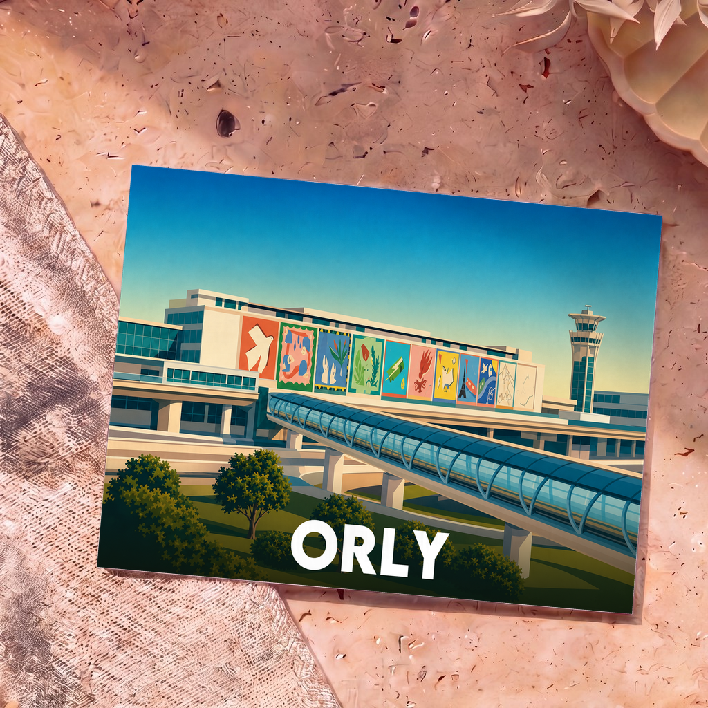 Carte postale souvenir de la ville d'Orly avec une illustration stylisée de son aéroport.