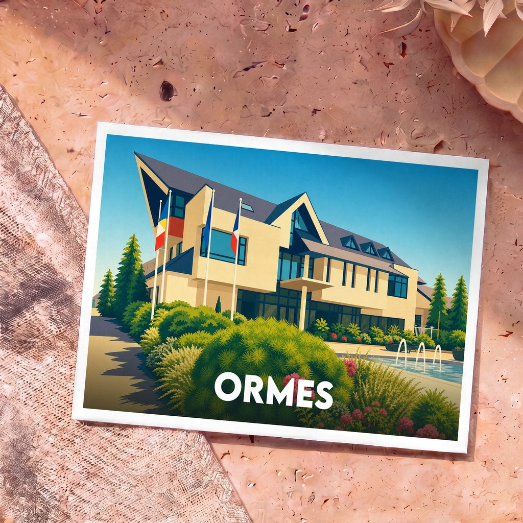 Carte postale souvenir de la ville d'Ormes arborant une illustration stylisée de son hôtel de ville.