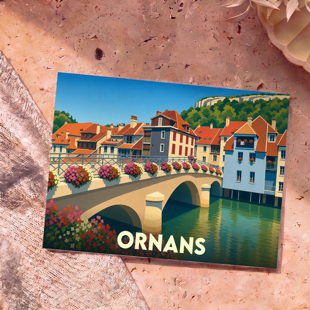 Carte postale souvenir de la ville d'Ornans avec une illustration stylisée de son pont fleuri et de ses maisons au bord de l'eau.