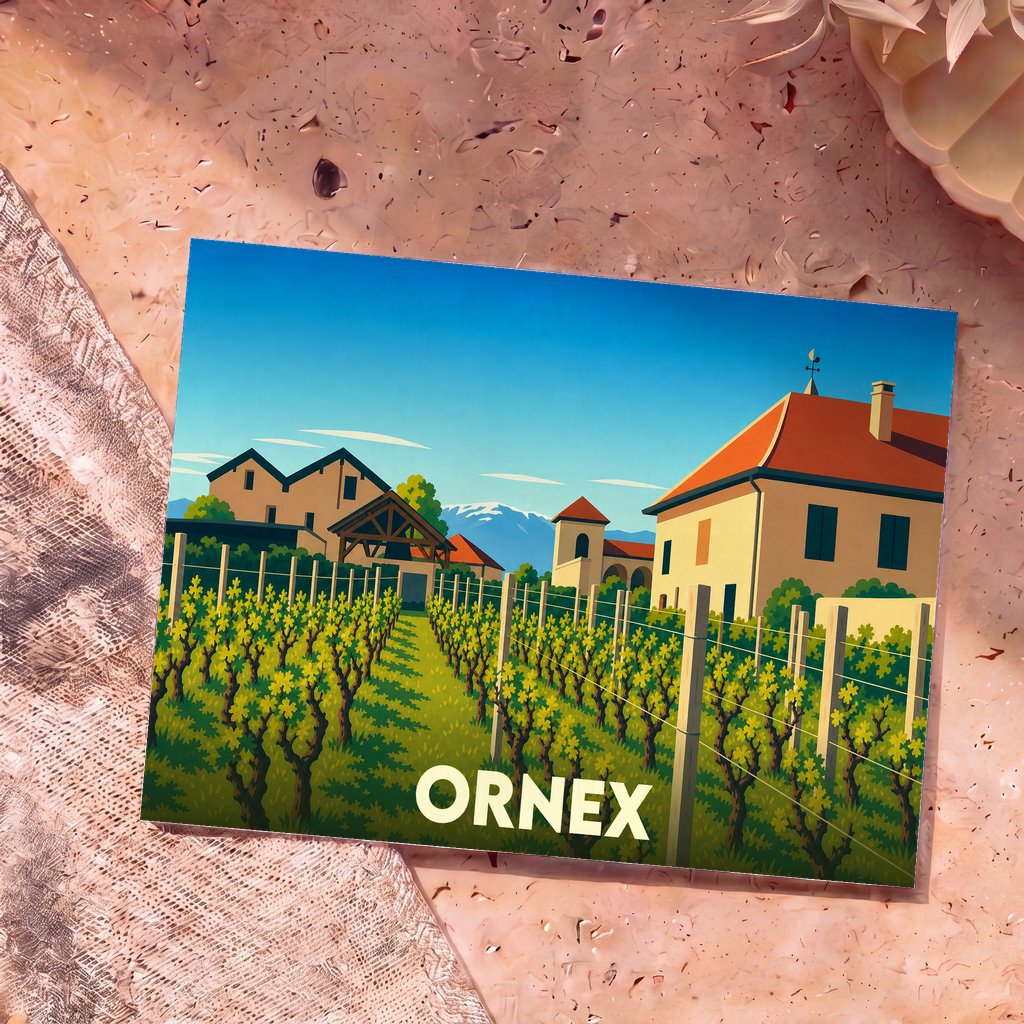 Carte postale souvenir de la ville d'Ornex avec une illustration stylisée représentant un vignoble et des maisons traditionnelles devant les montagnes.