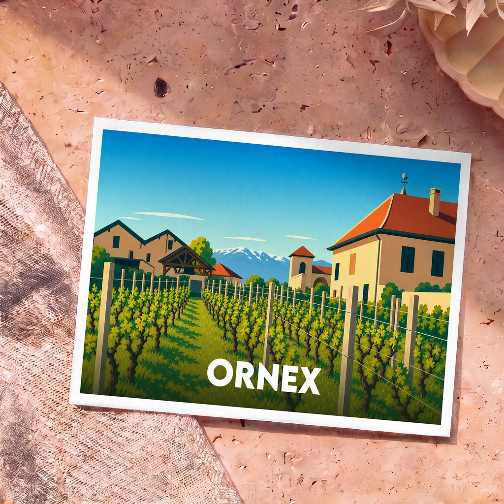 Carte postale souvenir de la ville d'Ornex avec une illustration stylisée représentant un vignoble et des maisons traditionnelles devant les montagnes.