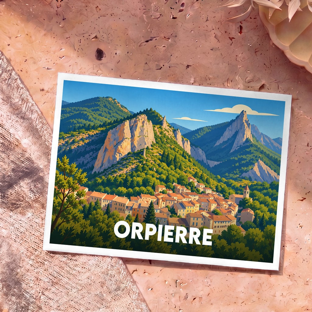 Carte postale souvenir de la ville d'Orpierre avec une illustration stylisée d'un village de montagne niché au pied de falaises rocheuses.