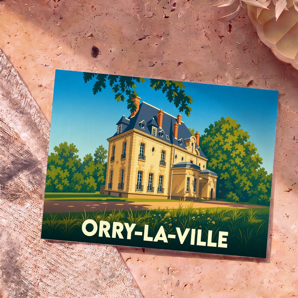 Carte postale souvenir de la ville d'Orry-la-Ville avec une illustration stylisée d'un manoir.