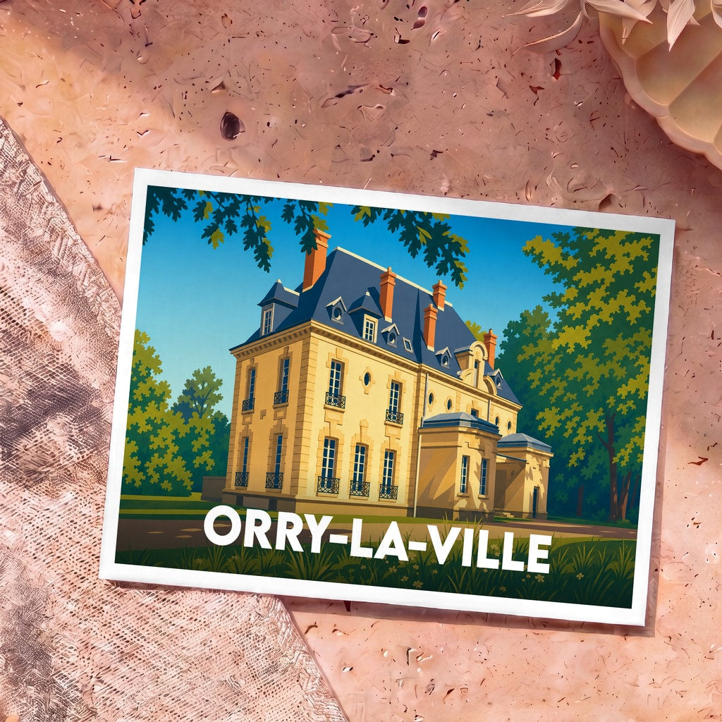 Carte postale souvenir de la ville d'Orry-la-Ville avec une illustration stylisée d'un manoir.