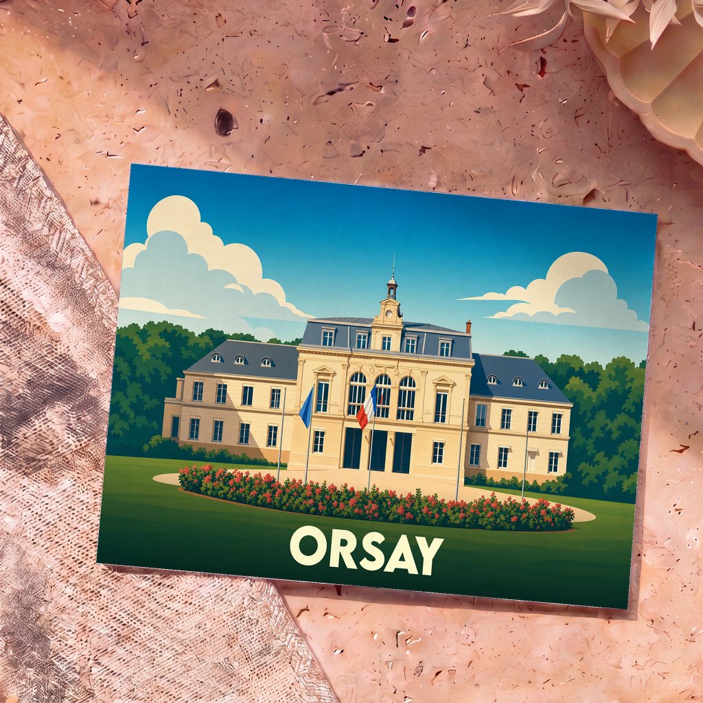 Carte postale souvenir de la ville d'Orsay illustrant son hôtel de ville dans un style graphique épuré.