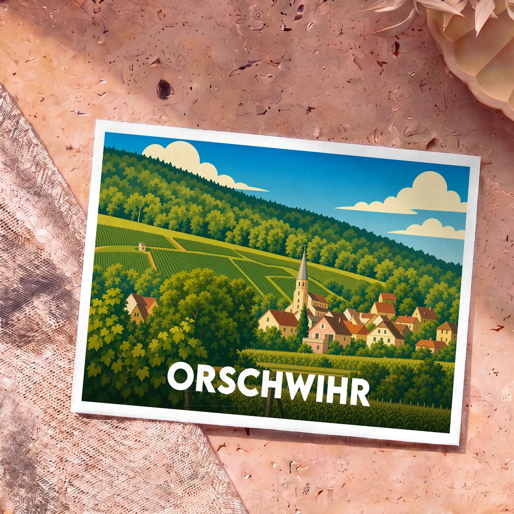 Carte postale souvenir de la ville d'Orschwihr avec une illustration stylisée de son paysage vallonné et de ses vignobles.