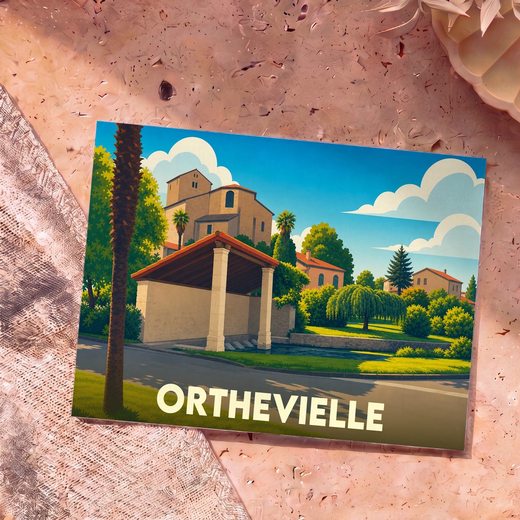 Carte postale souvenir de la ville d'Orthevielle avec une illustration stylisée et colorée.