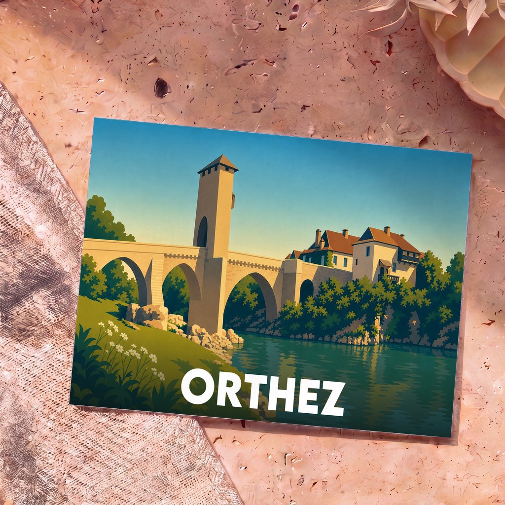 Carte postale souvenir de la ville d'Orthez avec une illustration stylisée de son célèbre Pont Vieux.