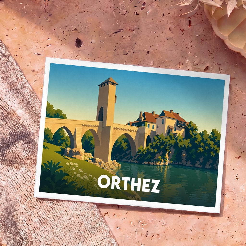 Carte postale souvenir de la ville d'Orthez avec une illustration stylisée de son célèbre Pont Vieux.