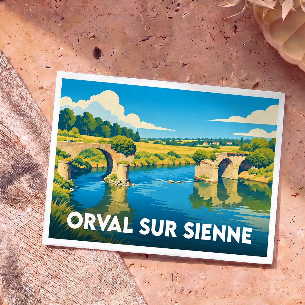 Carte postale souvenir d'Orval-sur-Sienne avec une illustration stylisée d'un pont en pierre traversant une rivière.
