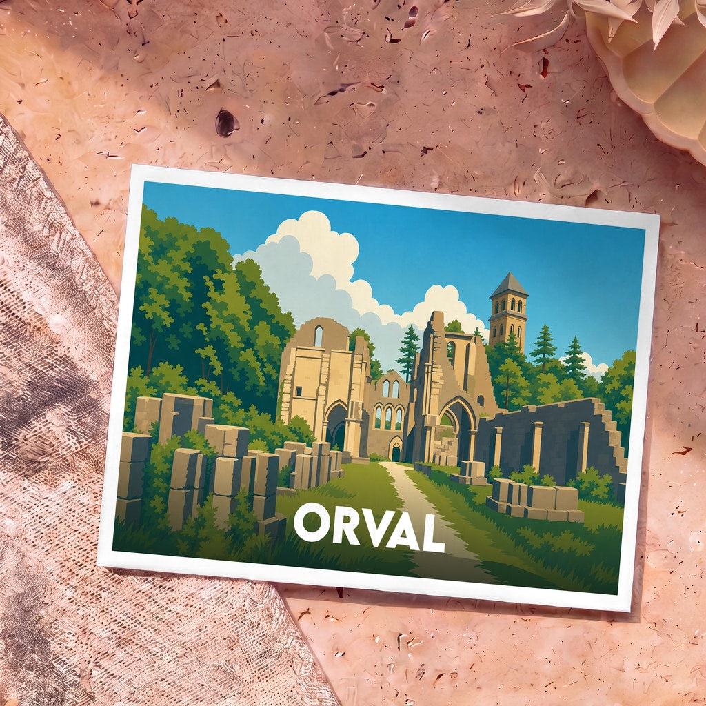 Carte postale souvenir d'Orval présentant une illustration stylisée des ruines de son abbaye entourées de forêt.
