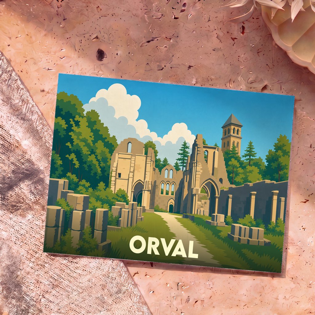 Carte postale souvenir d'Orval présentant une illustration stylisée des ruines de son abbaye entourées de forêt.