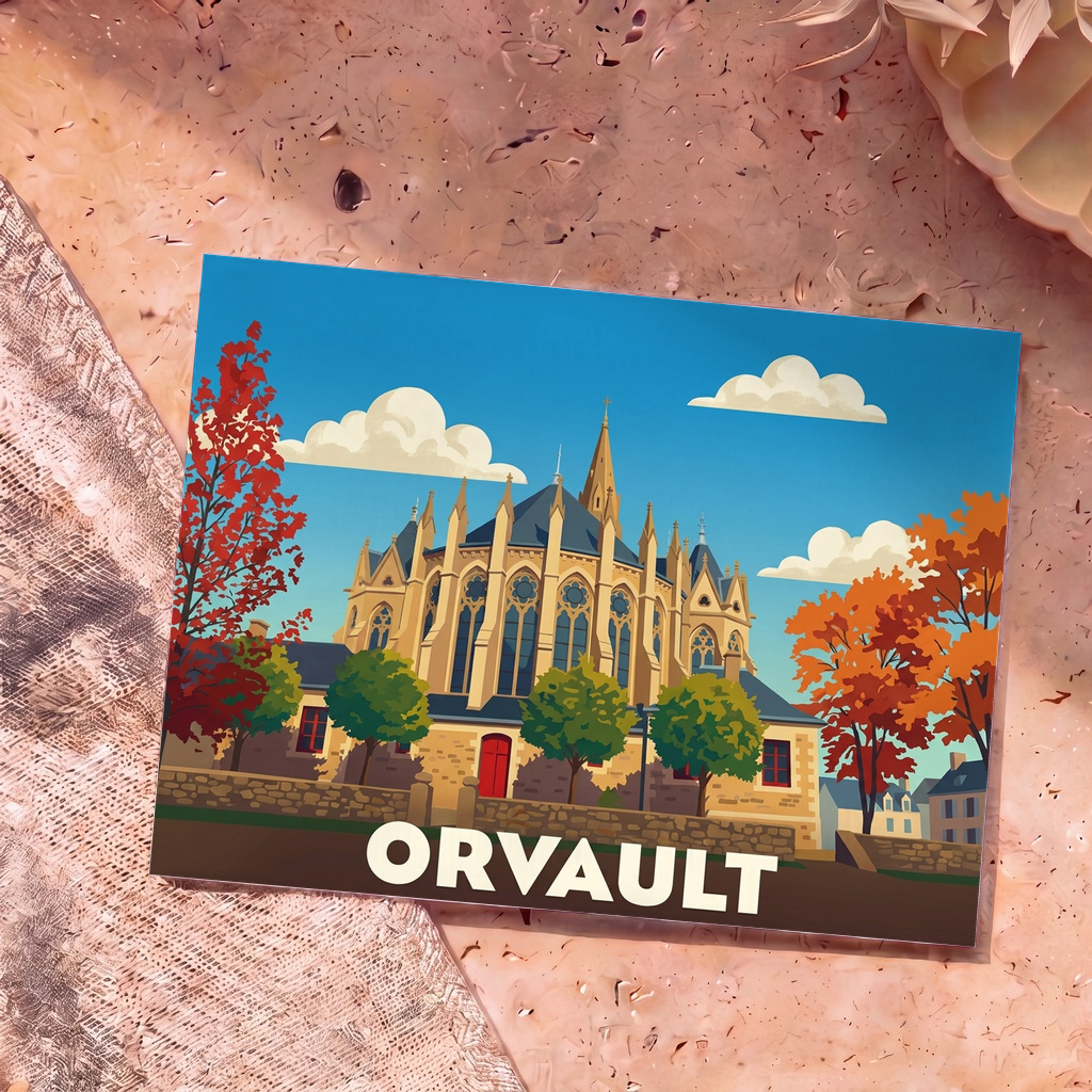 Carte postale souvenir de la ville d'Orvault illustrant son église avec un style graphique coloré.