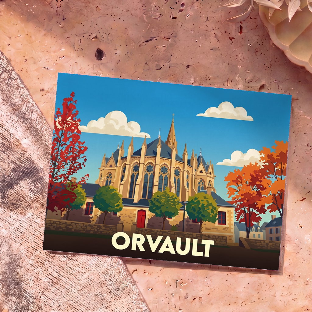Carte postale souvenir de la ville d'Orvault illustrant son église avec un style graphique coloré.