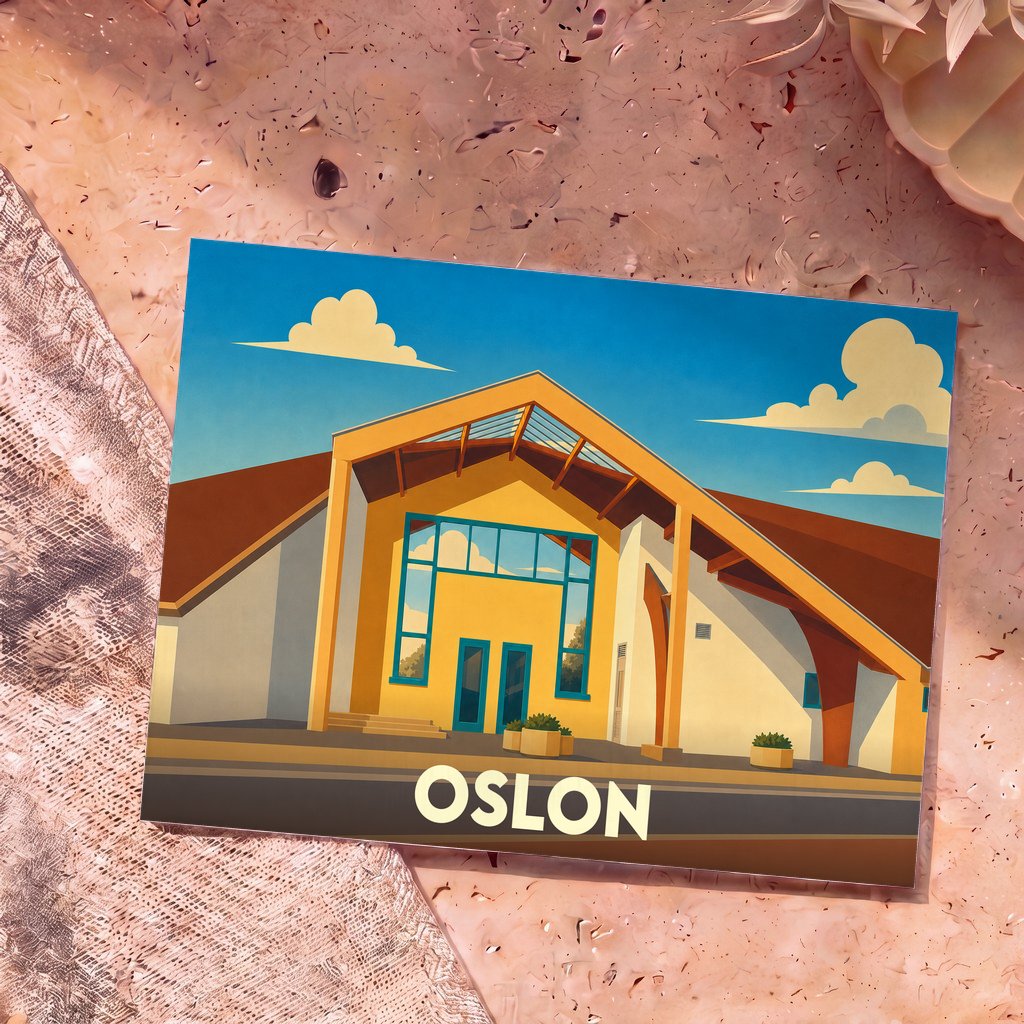 Carte postale souvenir de la ville d'Oslon avec une illustration stylisée de son architecture sous un ciel bleu.