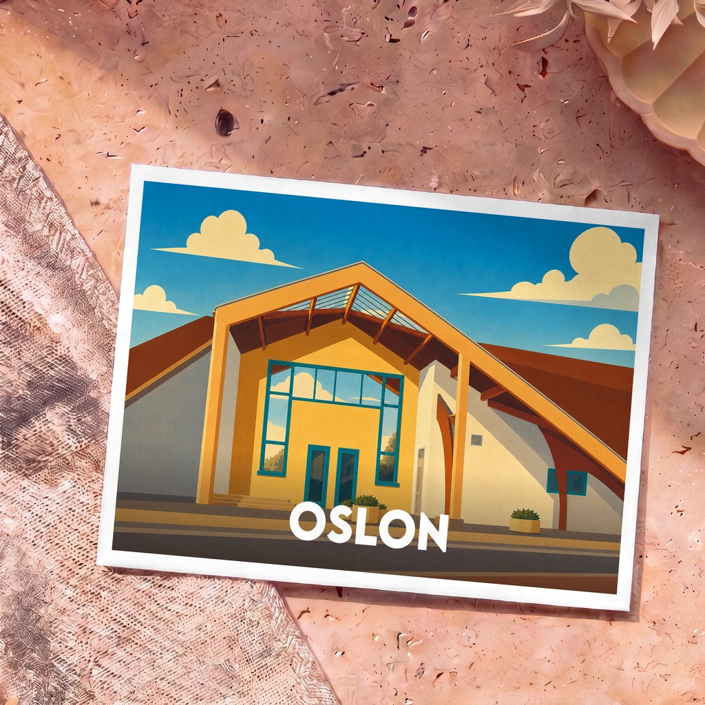 Carte postale souvenir de la ville d'Oslon avec une illustration stylisée de son architecture sous un ciel bleu.