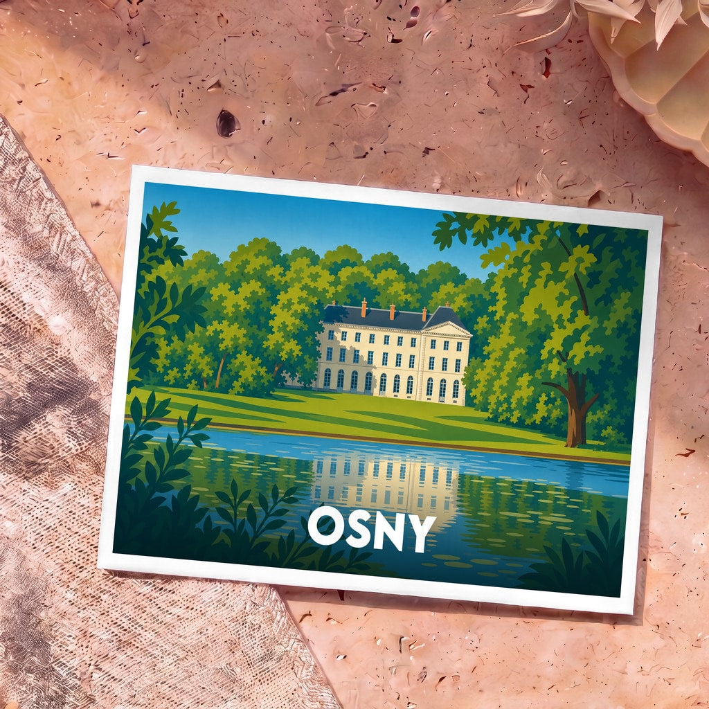 Carte postale souvenir de la ville d'Osny arborant une illustration stylisée du château de Grouchy et de son parc.