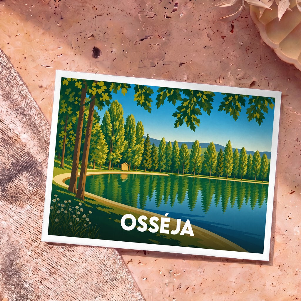 Carte postale souvenir de la ville d'Osséja illustrant un lac bordé d'arbres dans un style graphique épuré.