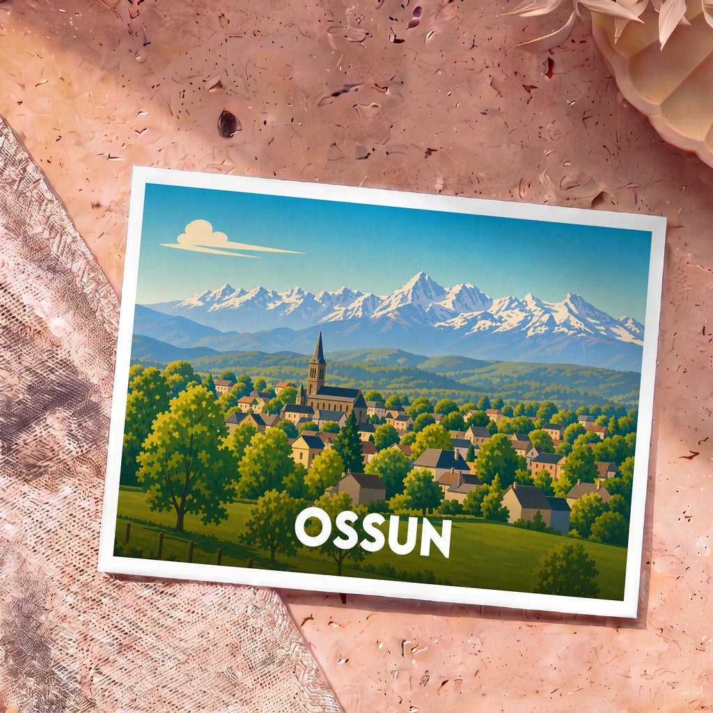 Carte postale souvenir de la ville d'Ossun avec une illustration stylisée d'un village devant des montagnes enneigées.
