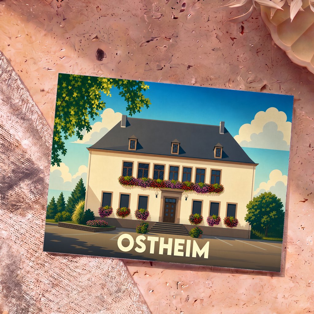 Carte postale souvenir de la ville d'Ostheim avec une illustration stylisée d'un bâtiment fleuri.